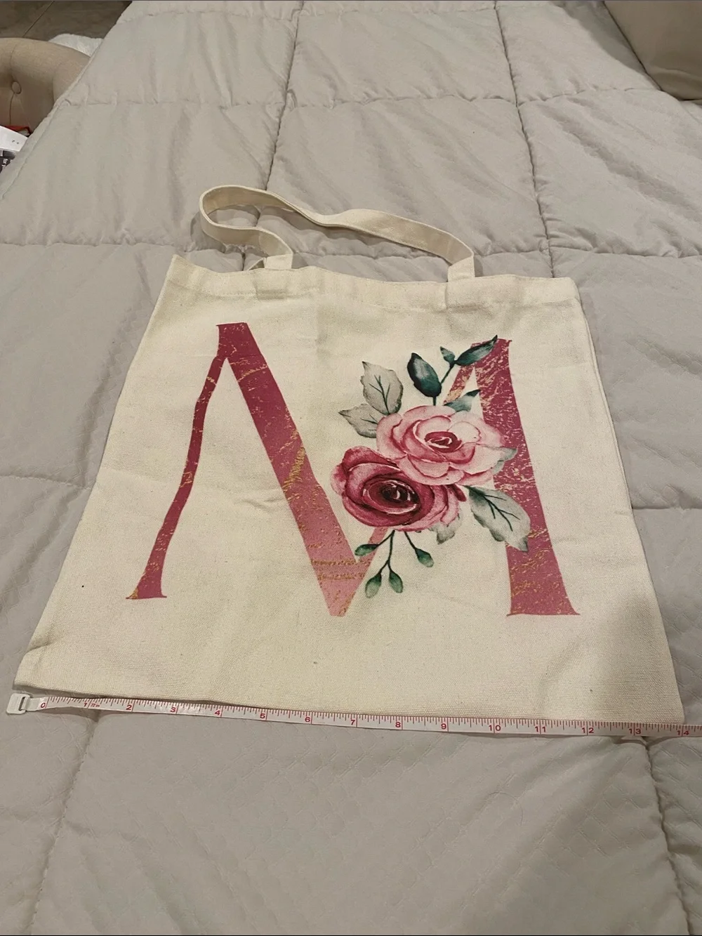 Cream Canvas Tote with Pink Floral 'M' Monogram